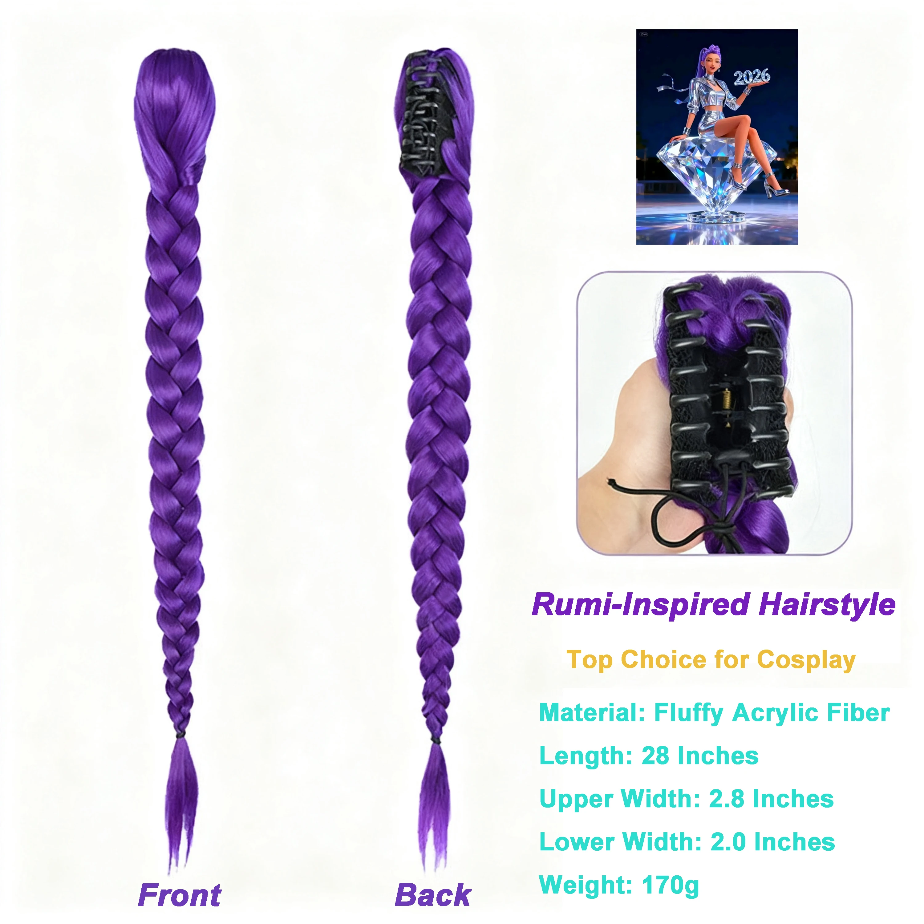Rumi Synthetische Zöpfe, lila Haar-Pferdeschwanz, Kostüm-Frisur, 66 cm langer Pferdeschwanz mit Clips für Kinder, Mädchen, Halloween, Weihnachten – Detail 7
