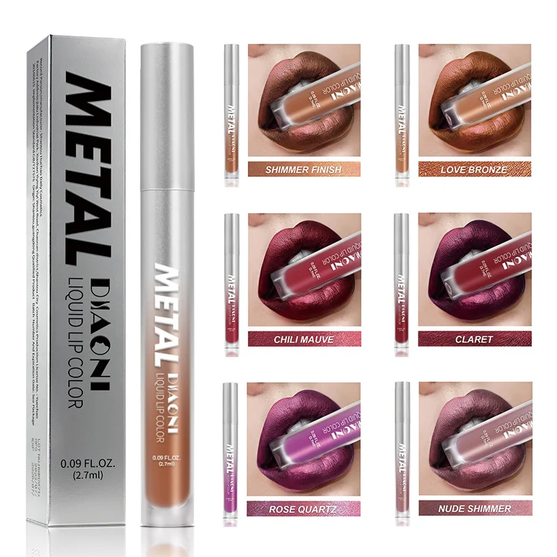 6-Farben-Diamant-Metallic-Glanz-Flüssiglippenstift, perlmuttartig, wasserfest, glitzernd, wischfest, glamouröses Lippen-Make-up_voghion.com