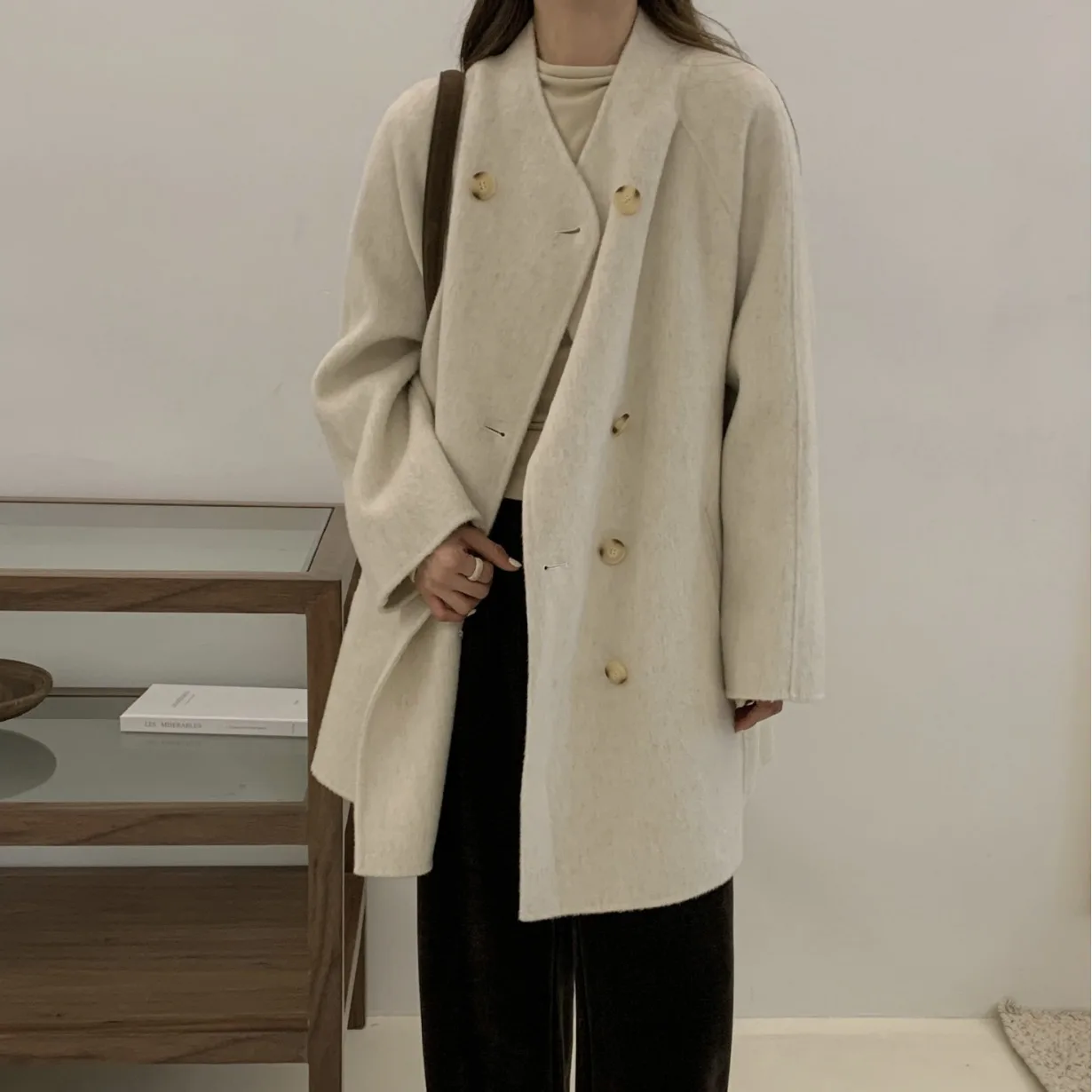 

Wool double-sided woolen medium length coat 2023 autumn/winter women's commuting big brand loose double breasted cashmere
