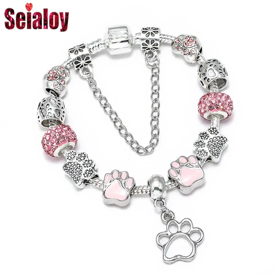 Seialoy de Color plata brillante Rosa huellas cuentas del encanto para las mujeres las Original de la moda de la joyería de DIY regalos venta al por mayor -
