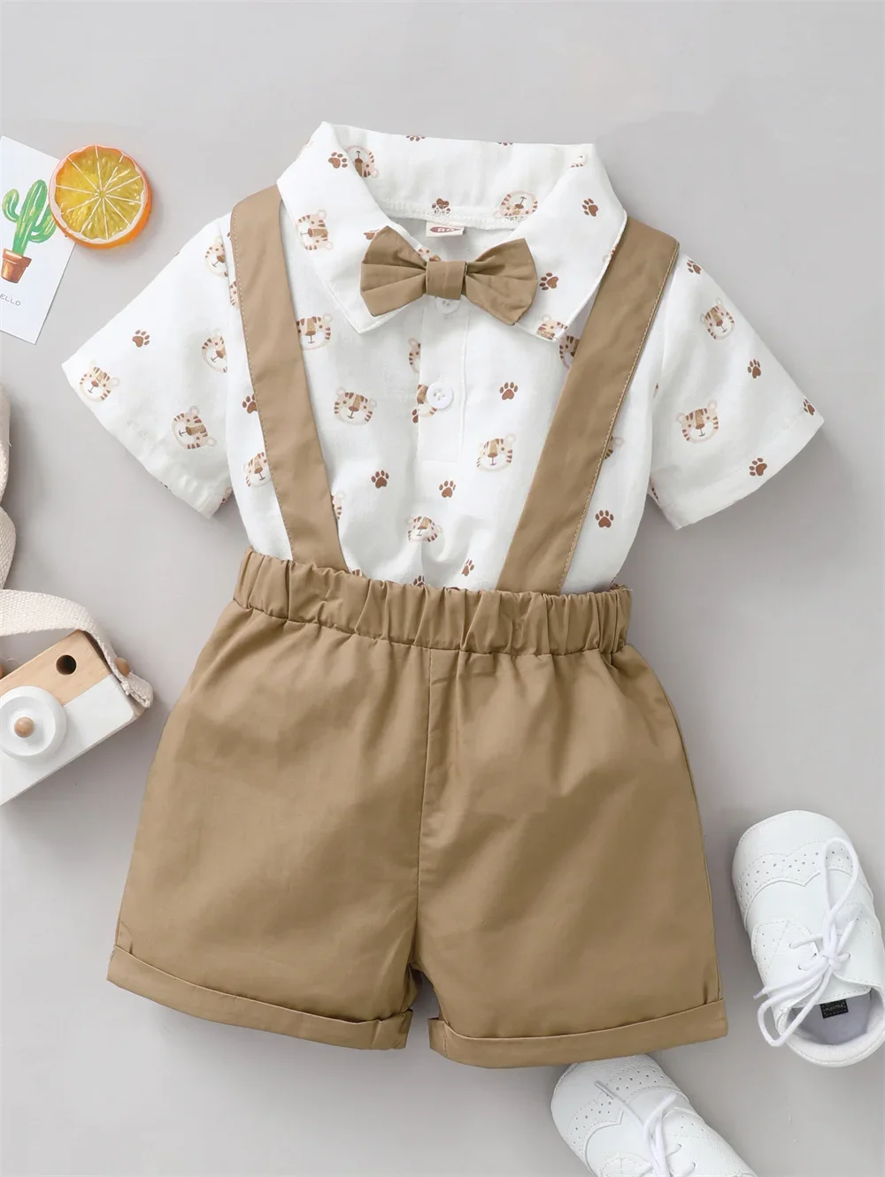 

0-2 Years Infant Boy Clothes Set Tiger Print Short Sleeve with Bow+Strap Shorts Wedding Party Gentleman 2PCS Outfit for Toddler
