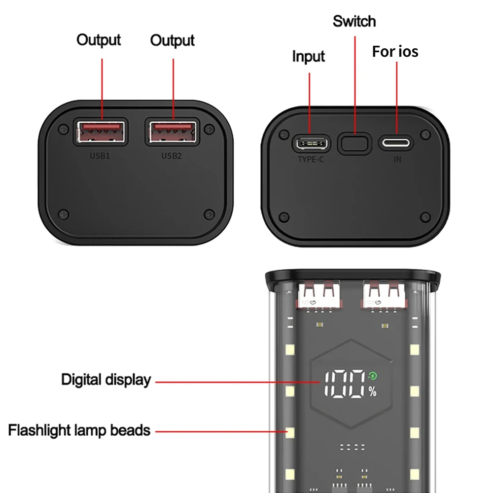 DIY Shell 4*21700 Battery Holder Power Bank Case Dual USB Mobile Phone Charger Type C 21700 Battery Storage Box No Battery