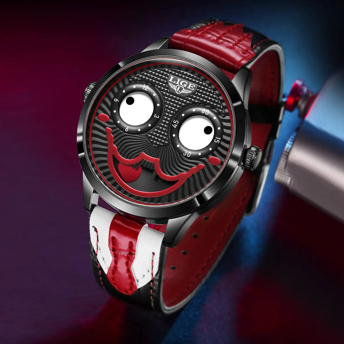 Lige 2025 Creative Man Watch Fashion Clown Quartz Wristwatches Casual Leather Strap Waterproof Mens Watch Outdoor Sports Clock, Alina Gadgets