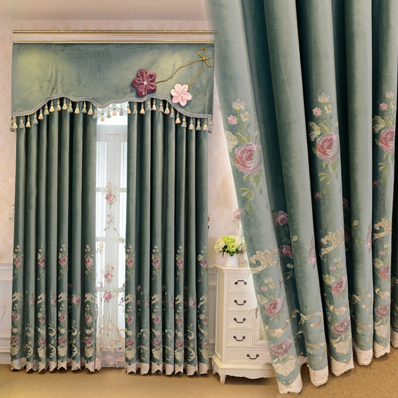 

European High-end Curtains for Living Dining Room Bedroom High-precision Embroidered Curtains High-shading Green Villa Curtians