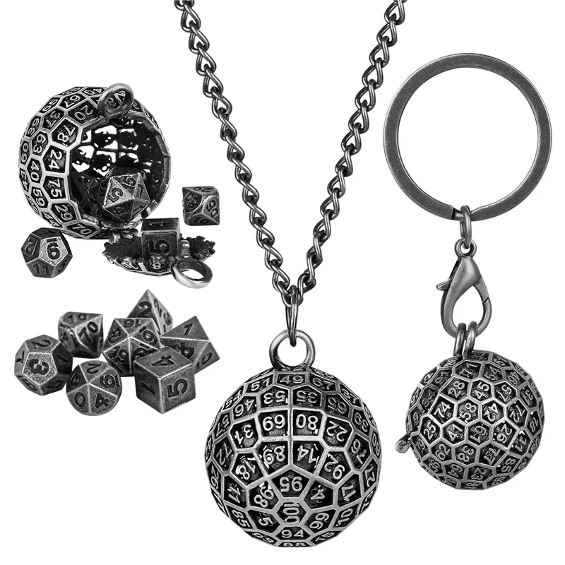 7pcs Tiny Metal Polyhedral Dice Set with Pendant Necklace Chain Key Ring Round D100 Storage Case Table Board Game Accessory