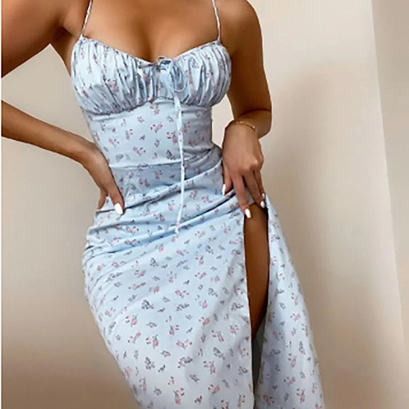 

2024 Summertime Sleeveless Satin Slip Floral Ruched Bandage Cut Out Maxi Dress Y2k Harajuku Women Fashion Sexy Party Club Robe