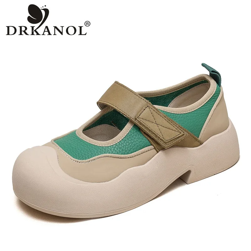 

DRKANOL College Style Women Flat Platform Shoes Shallow Round Toe Genuine Leather Mixed Colors Hook And Loop Soft Casual Shoes