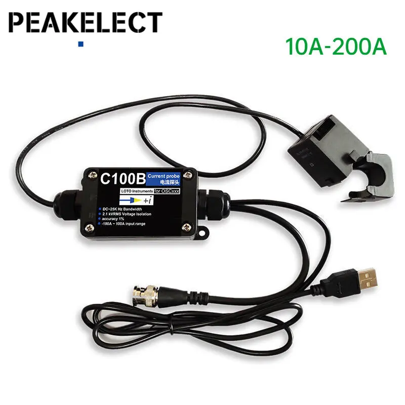 

10A~200A Clamp-on Current Probe AC/DC USB Virtual Oscilloscope Transformer 25K Bandwidth
