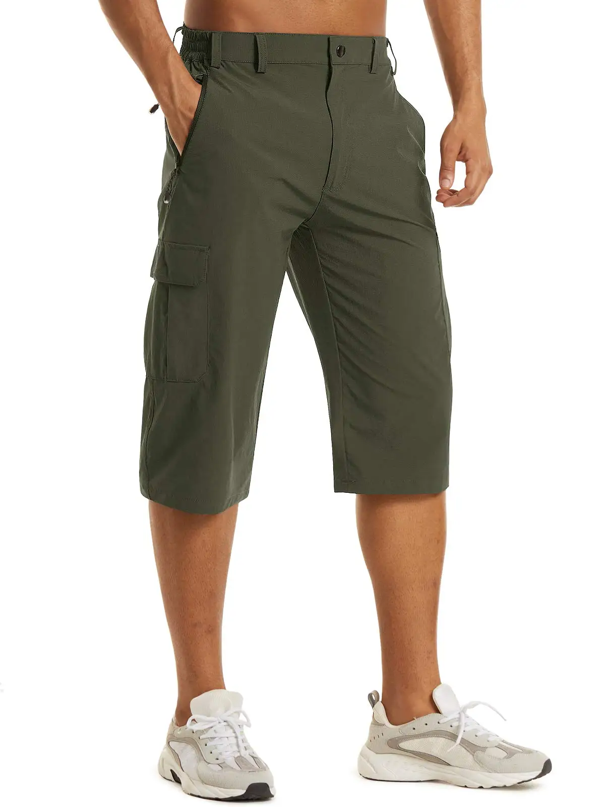 Cotton Below Knee Length Men's Outdoor Capri Pants with Multi Pockets