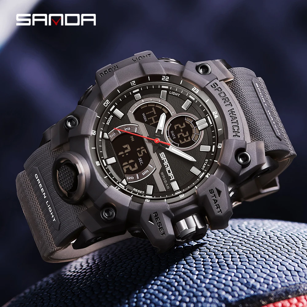 SANDA 6198 Watch Fashion Trend Dual Screen Multi functional Outdoor Sports Multi functional Waterproof Electronic Men's Watch 4