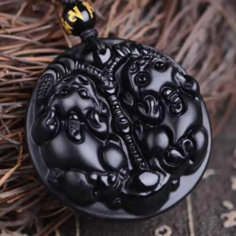 

Natural Black Obsidian Carved Pi Xiu Lucky Pendant Jewelry Dragon Natural Heart
