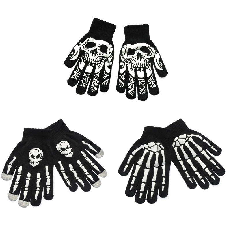 

Gothic Knitted Gloves Warm Black Gloves Halloween Luminous Skull Gloves Skeleton Gloves for Halloween Supplies