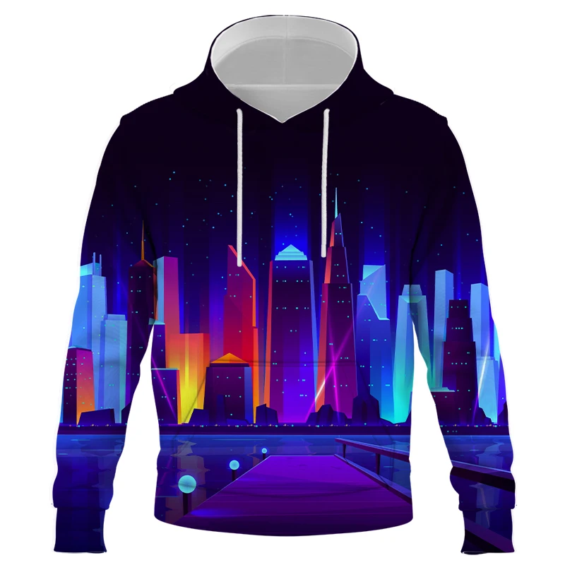 

Men Pullover City night scene Hoodie Oversized Sweatshirt Korean Fashion Hoodie Loose Long Sleeve Casual Couple Clothes