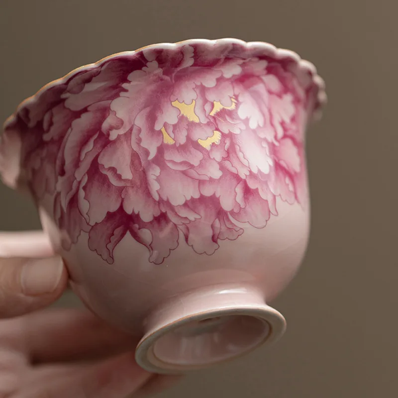 100ML Pink Ru Kiln Gaiwan Elegant Peony Anti-scald Tea Tureen Tea Brewing Cover Bowl Chinese Tea Set Collection Supplies Craft