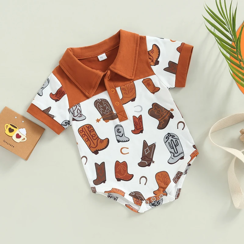 

Newborn Baby Girl Boy Short Sleeve Bodysuits Ｗestern Boho Cowboy Shirt Summer Gentlemen Jumpsuits Playsuits Clothes
