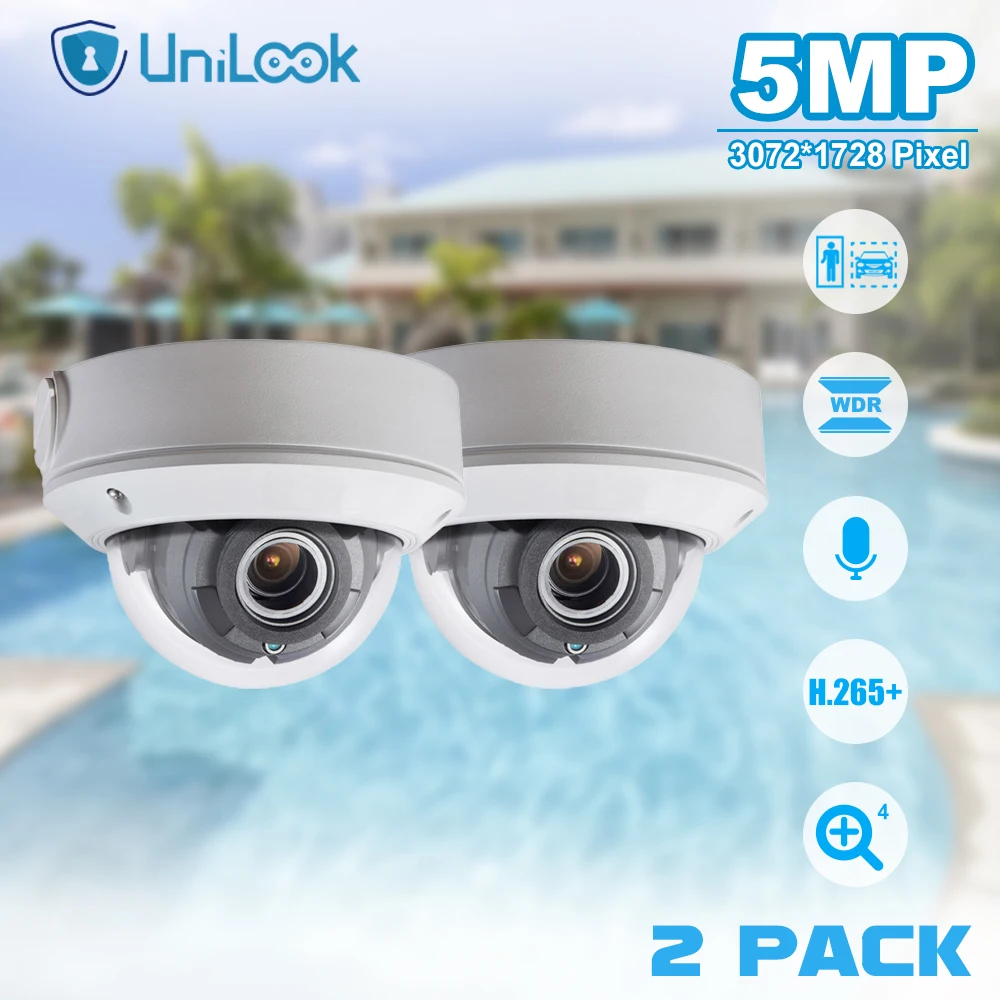 

Unilook 5MP MD 2.0 Varifocal Dome Network Camera Outdoor IP67 H.265 One Way Audio POE IP Camera Human and Vehicle Detection