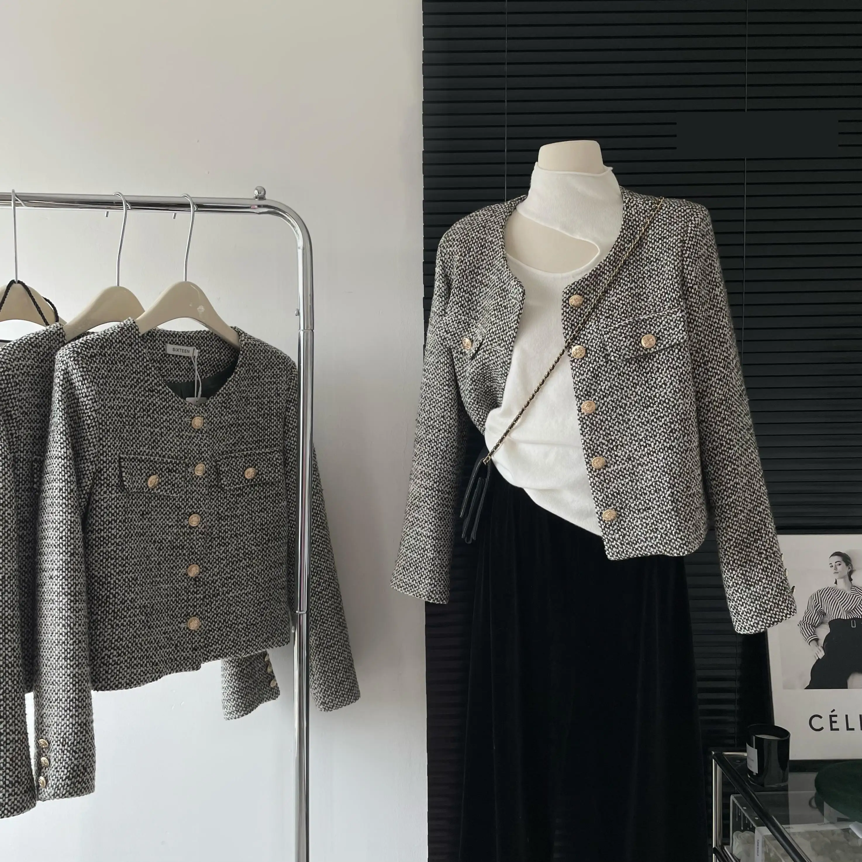 

Elegant Woolen O Neck Long Sleeve Jacket For Women Autumn Winter Vintage Single Breasted Outwear Lady High Street Jacket Top
