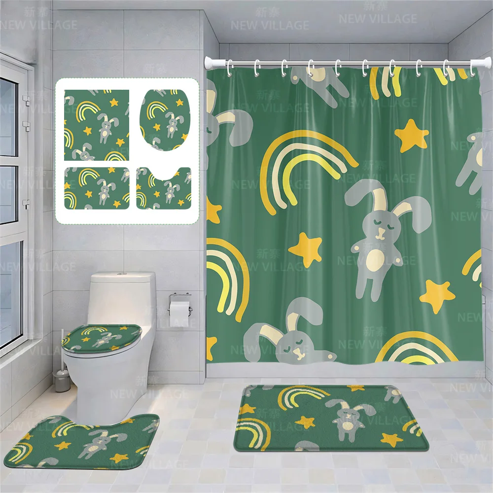 SOPIYRIO Duschvorhang-Set Mit Küsten-Leuchtturm-Motiv – Inkl. Badematte, WC-Deckelbezug & Haken