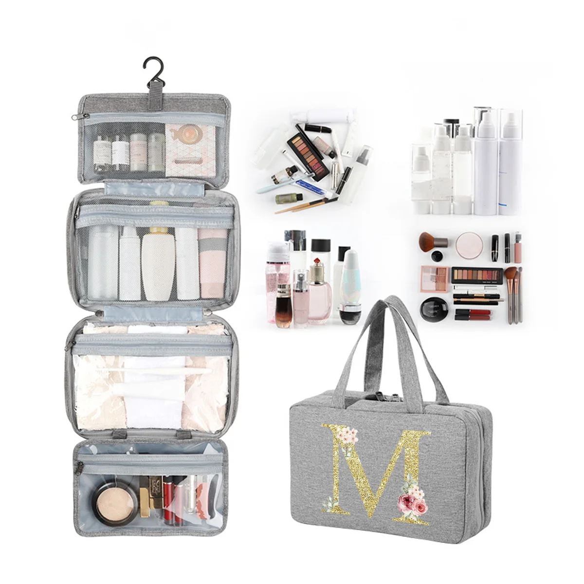 Golden letter printed travel waterproof foldable dry wet separation wash bag with large capacity cosmetic storage bag