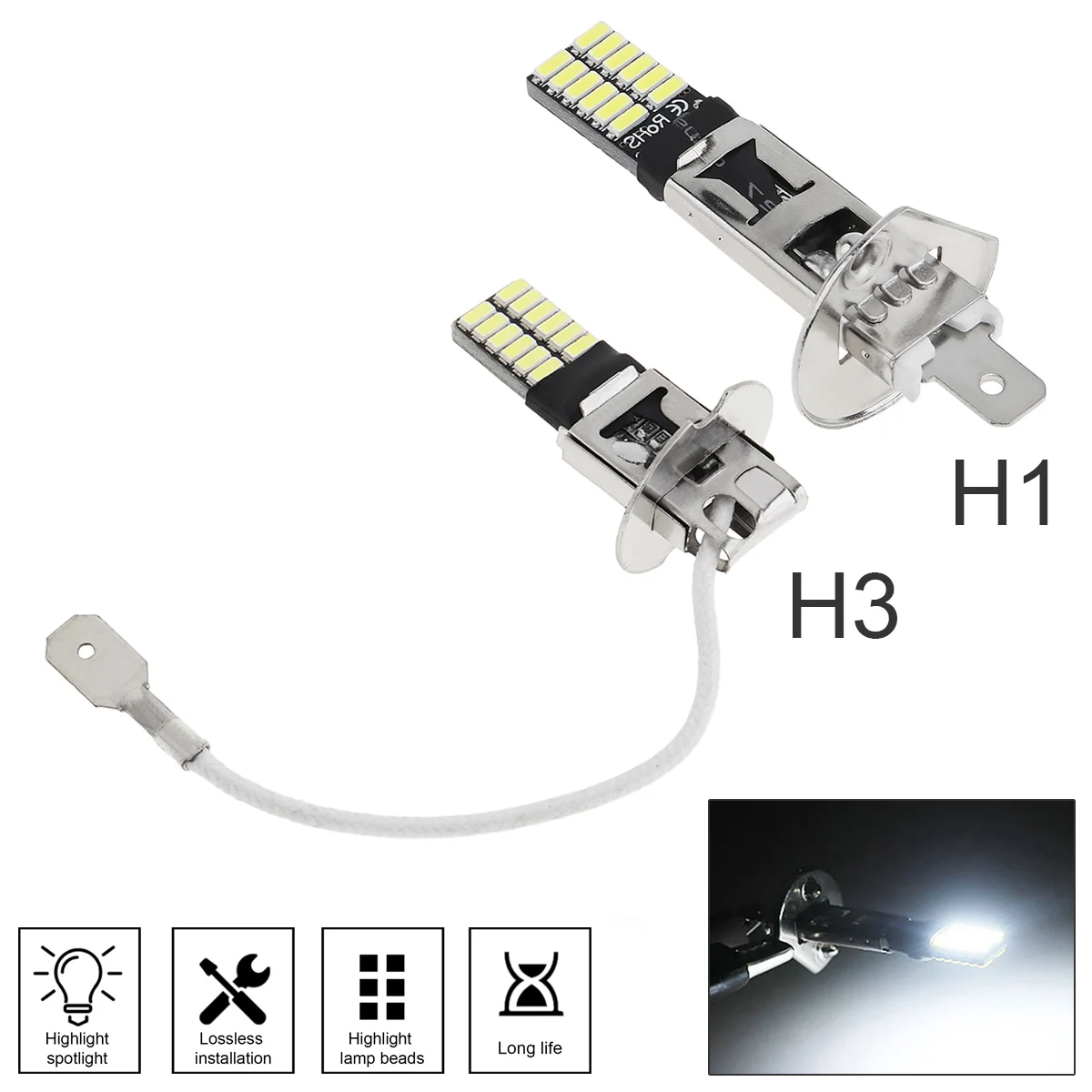 

H1 H3 Universal Canbus Super Bright LED Bulb Car Fog Light Headlight 4014 24SMD 12V 6000K Running Light Auto Motorcycle Lamp