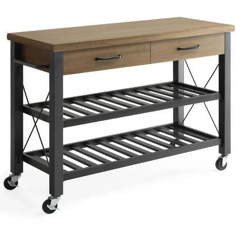 Santa Fe Kitchen Cart with Metal Shelves and TV Stand Feature 3