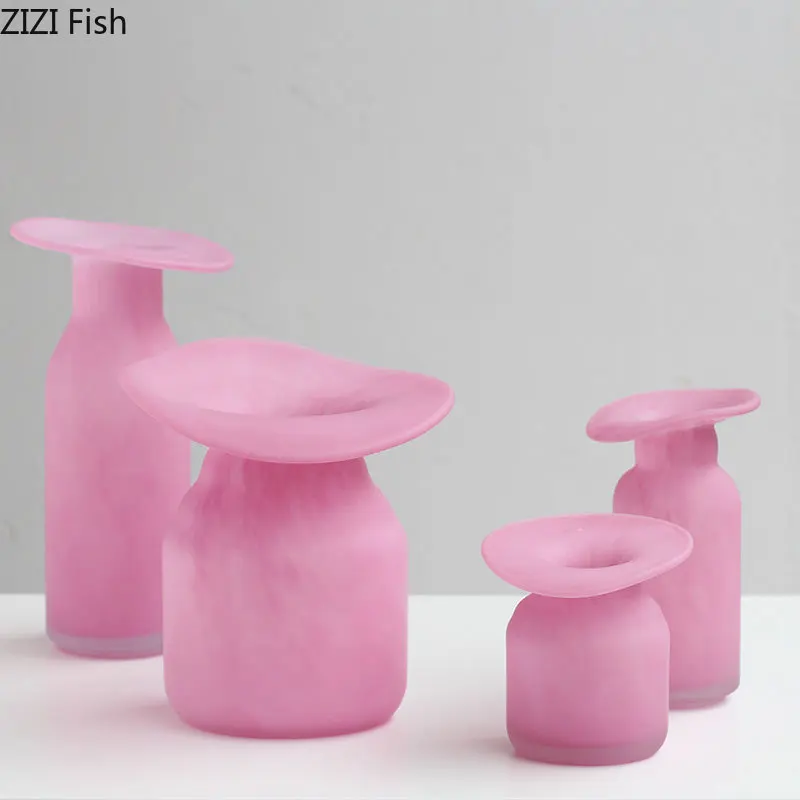 Matte Pink Glass Vase Decorative Flowers Arrangement Desk Decoration Irregular Bottle Mouth Flower Pots Floral Vase Modern Decor 5