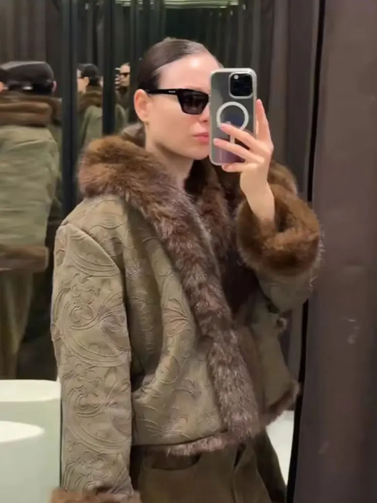 HH Women Elegant Fashion Embroidery Cardigan Coats Long Sleeve Faux Fur Collar Jacket Autumn Winter Warm High Street Outerwear