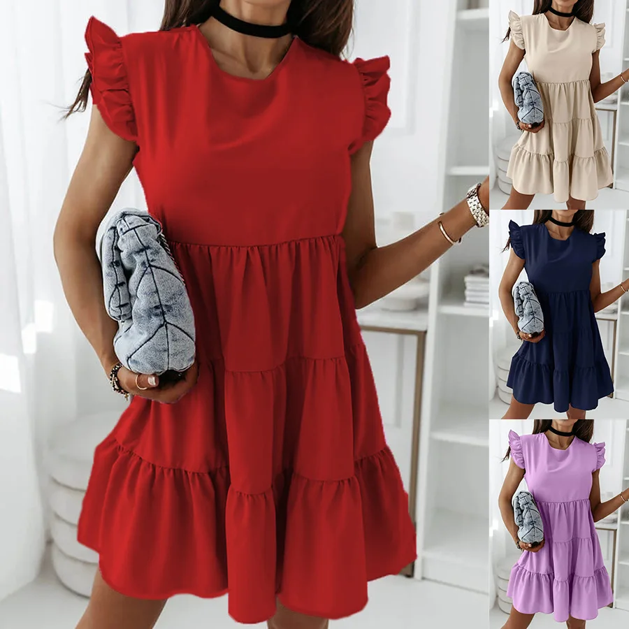 

Short Dress Women Fashion Loose Patchwork Ruffle Hem Sleeveless Solid Color Skirt Outerwear Summer Streetwear Light Breathable