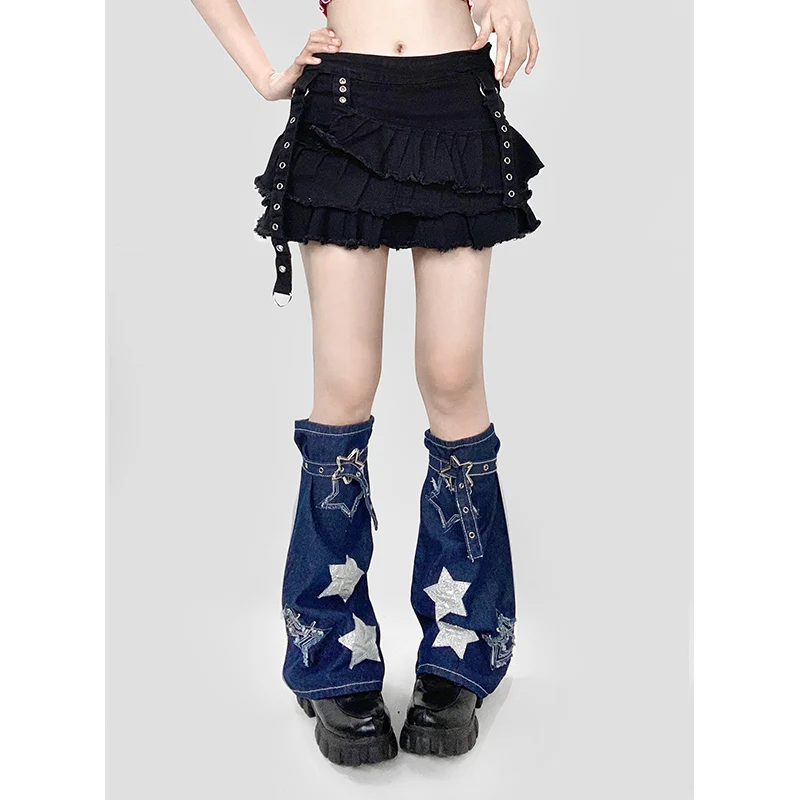 Y2K Stars Denim Leg Warmer Female Hot Girl Lolita Subculture Punk Style Foot Sock Denim Tube Socks