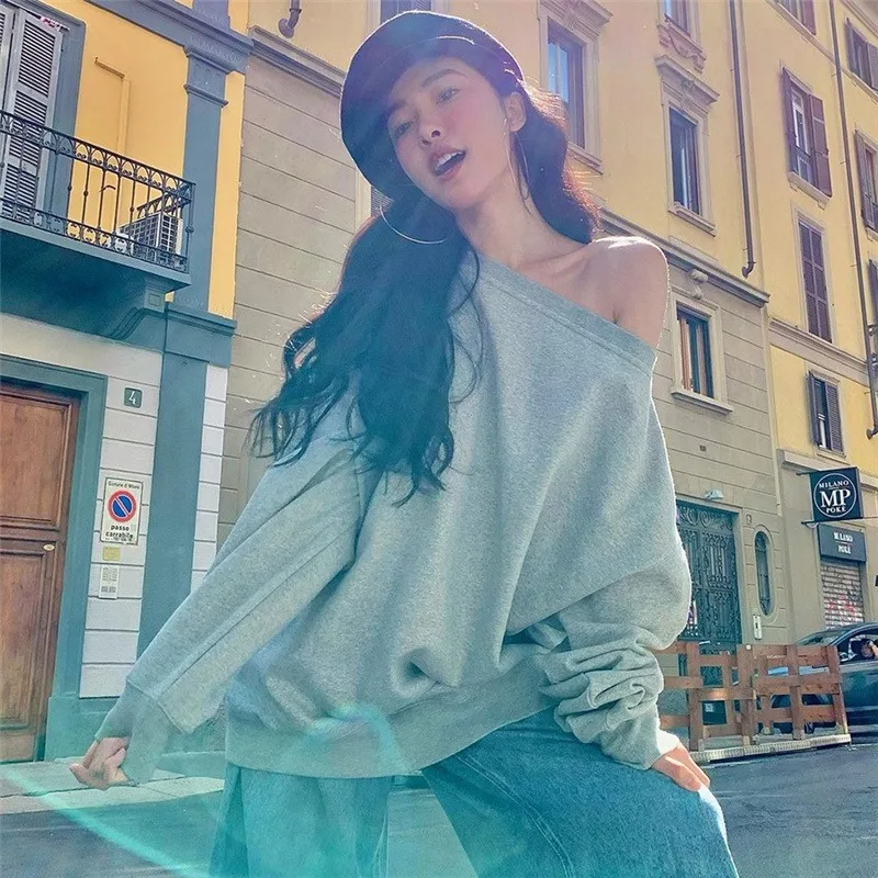 Women's Large Hooded Sweatshirt Autumn/Winter Personalized Loose Shoulder Off Shoulder Girls' Street Decoration Pullover 2023