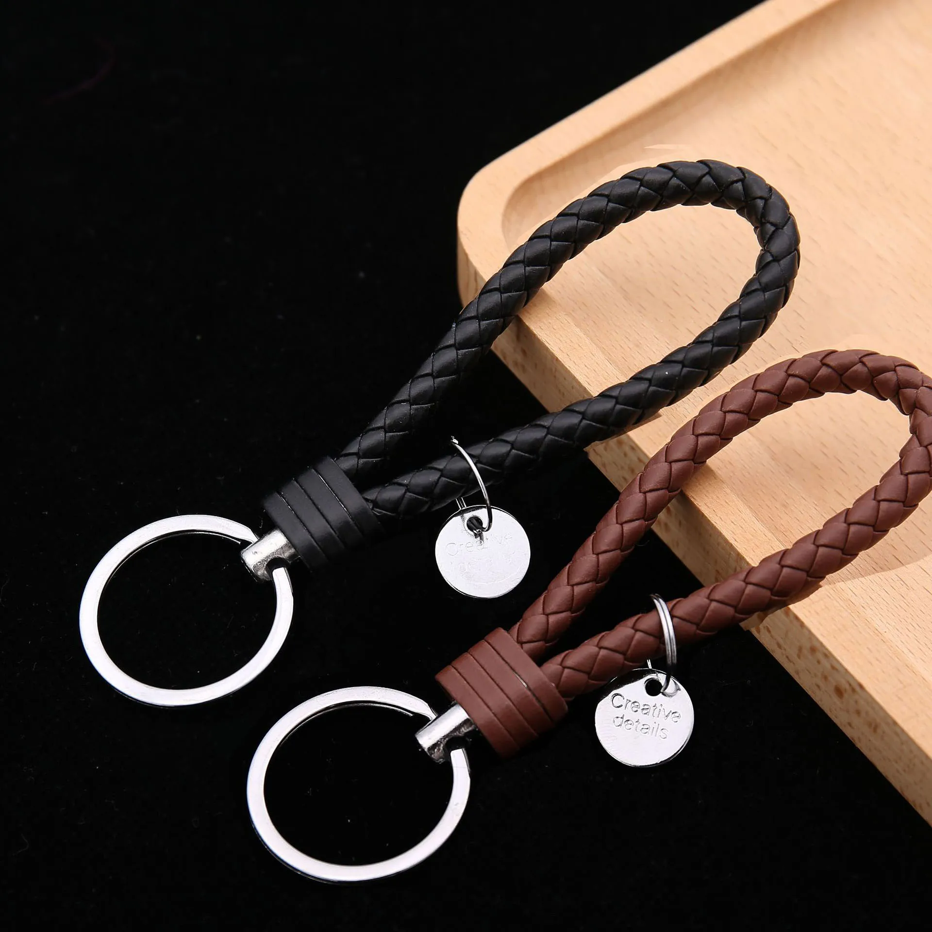 2Pcs/Set PU Leather Braided Woven Rope Keychain DIY Bag Pendant Key Chain Holder Key Car Trinket Keyring Men Women Gift Jewelry