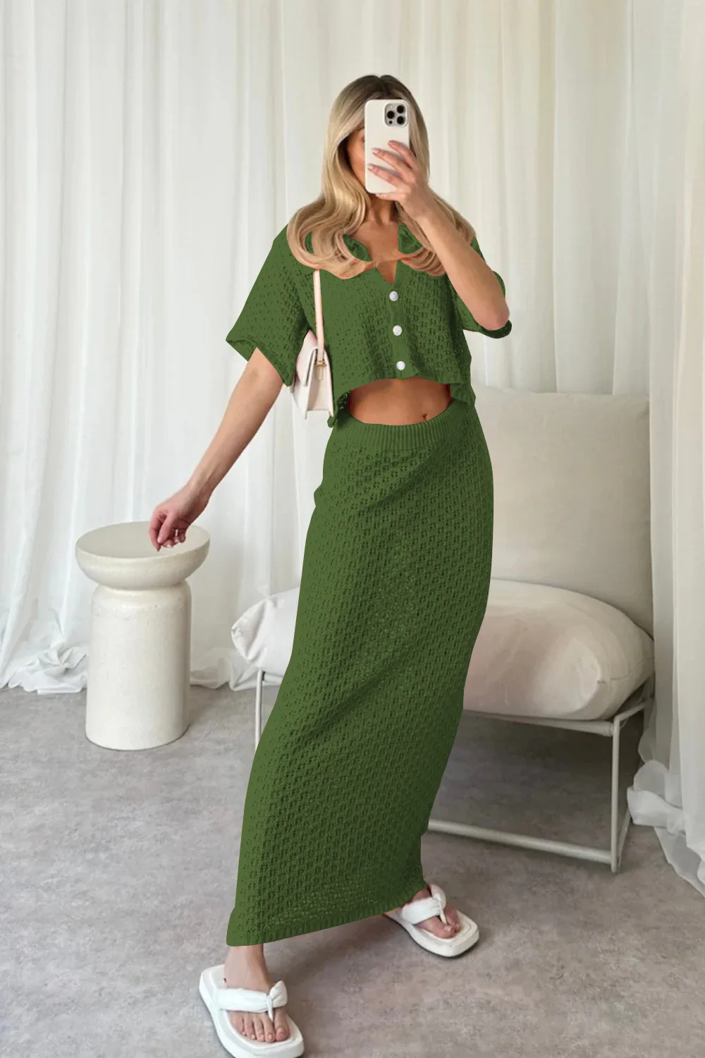 Knit Hollow Out 2 Piece-Set Long Skirt Women's Cropped Top Cardigan And High Waist Maxi Skirt Outfits Female Clothes