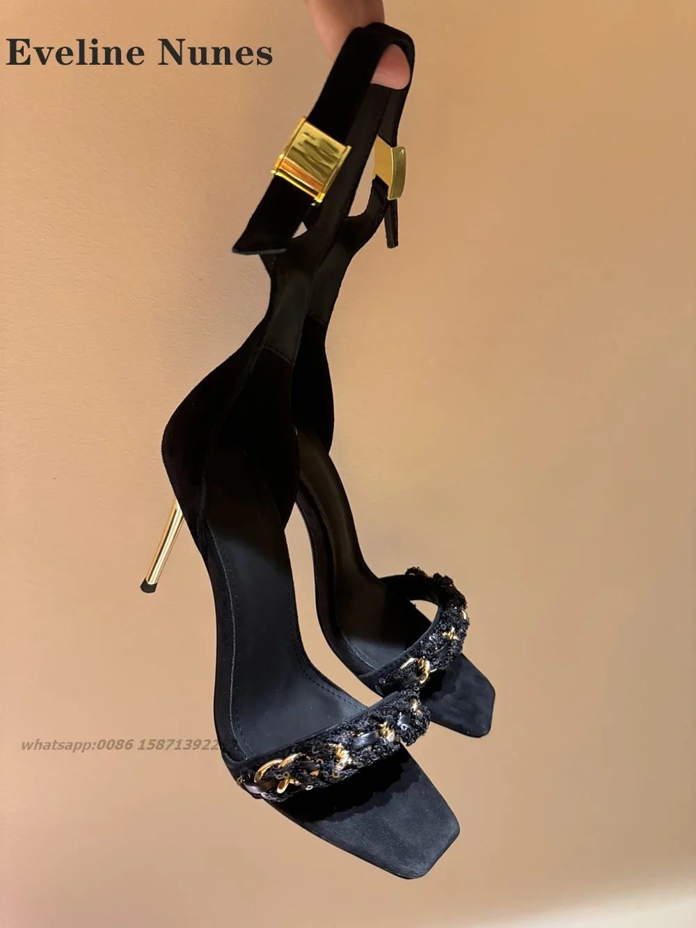 Crystal Winding Metal Heel Sandals Square Toe Cover Heel Side Air Women Heels One Word Buckle Luxury Elegant Shoes 2024 Trend