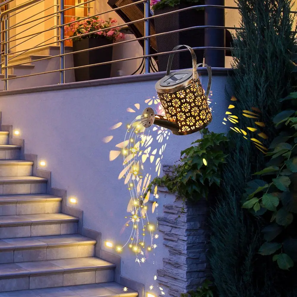 

Solar-powered Watering Can Light Hollow-out Solar Kettle Lamp with String Lights for Outdoor Table Patio Lawn YarD