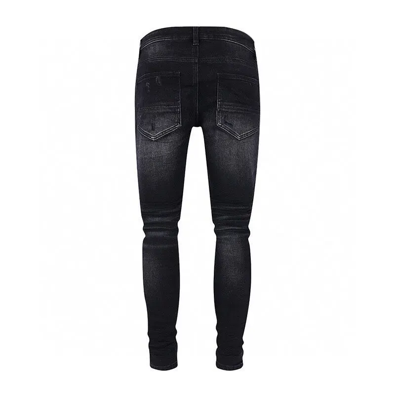 High Street Fashion Men Jeans Retro Black Gray Stretch Skinny Fit Ripped Jeans Men Patched Designer Hip Hop Brand Pants Hombre