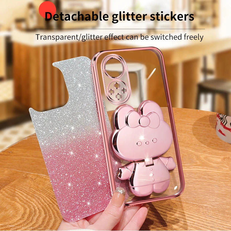 Honor50 Glitter Rabbit Makeup Mirror Holder Case On For Huawei Honor 60 50 90 30 20 Lite 30s Soft Cover Nova 10 11 Pro_voghion.com
