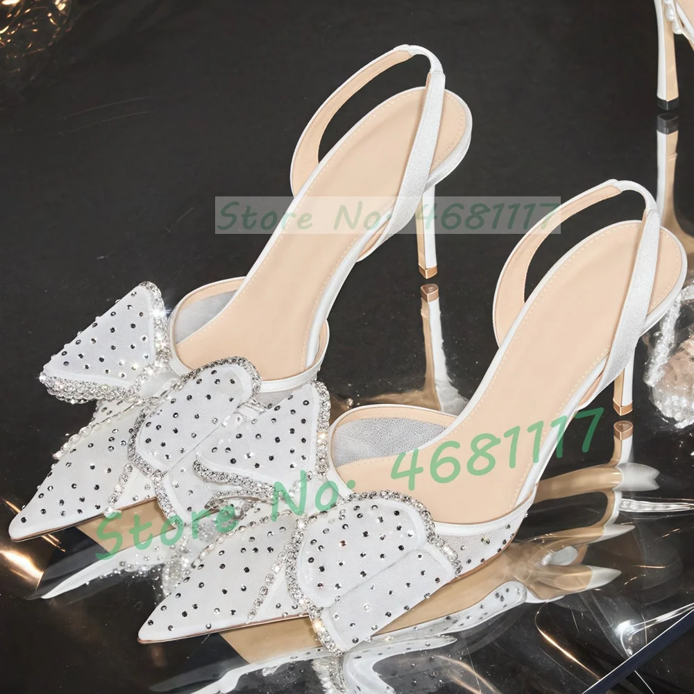 Crystals Mesh Bow Pointed Toe Sandals Women Luxury Lovely Slingback Stiletto Sandals Summer Elegant Ladies Party Satin Shoes