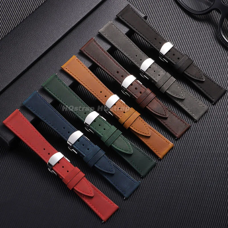 Elegant Vintage Cowhide Leather Watch Strap with Deployment Buckle - Business Style Wristband