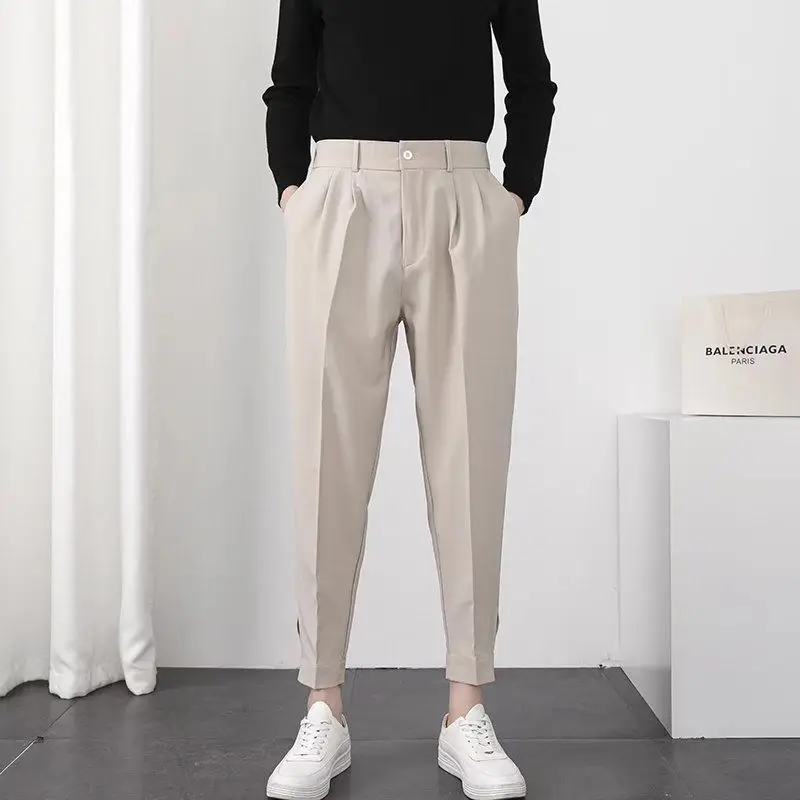 Fashion Men Casual Pants Elastic Waist Small Feet Slim Korean Style Pleated Tapered Male Blazer Pants Trousers Streetwear