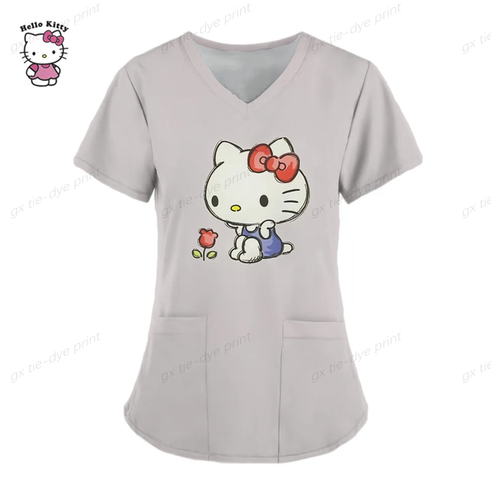 thumbnail image 1 of Uniformes médicos de Hello Kitty para mujer, camisetas de enfermera con estampado de dibujos animados de Hello Kitty, uniforme de novio para mascotas, ropa de cuidado de manga corta, 1 of 5