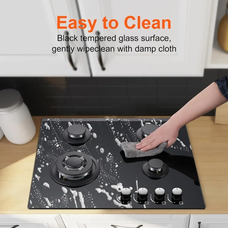 Gas Stove Top 24 inch Eascookchef,24 inch Gas Cooktop 4Burner,Gas Stove Top NG/LPG Convertible,Black Tempered Glass Dual Burners 6