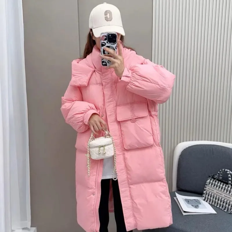 2023 New Women Down Jacket Winter Coat Female Mid Length Version Parkas Loose Warm Thick Outwear Hooded Solid Color Overcoat