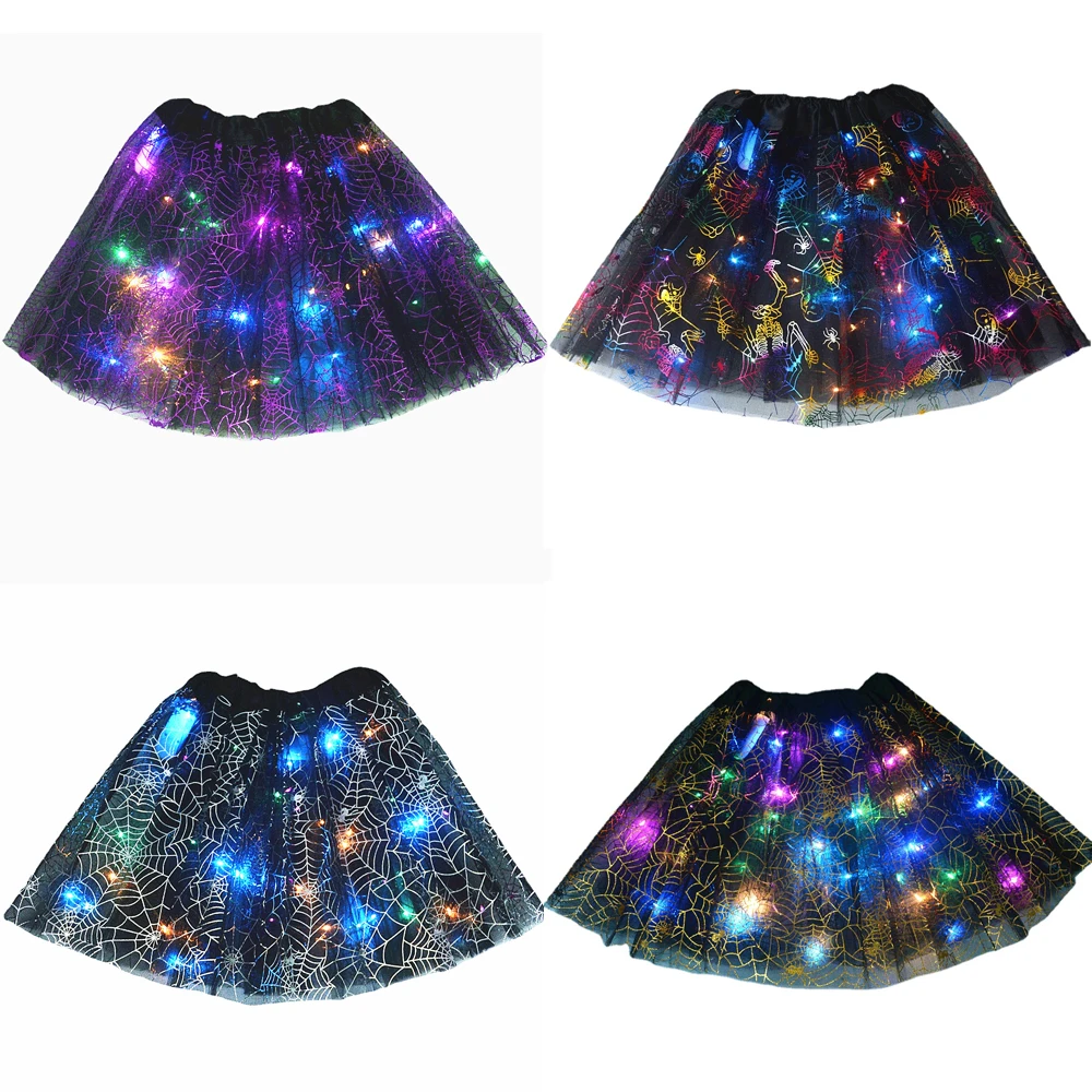 

1PCS Women Adult Girls Kids Horrible Scary LED Glow Tutu Light Up Spider Web Cobweb Skirt Costume Decoration Candy Bag Christmas