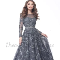 Exquisite Shiny Lace A-Line Prom Dress Scoop Neck Long Sleeves Illusion Tulle Women Floor Length with Beading Belt Party Gowns - Image 4