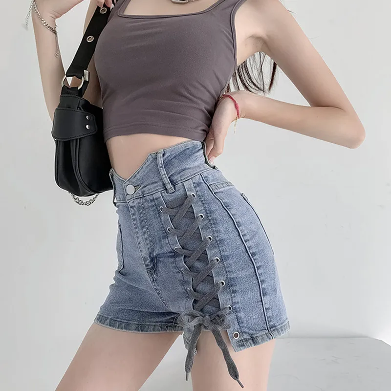 

2023 Summer Bandage Denim Shorts For Women High Waist Pockets Stretch Korean Fashion Jeans Shorts Hot Sexy Short Pants 232