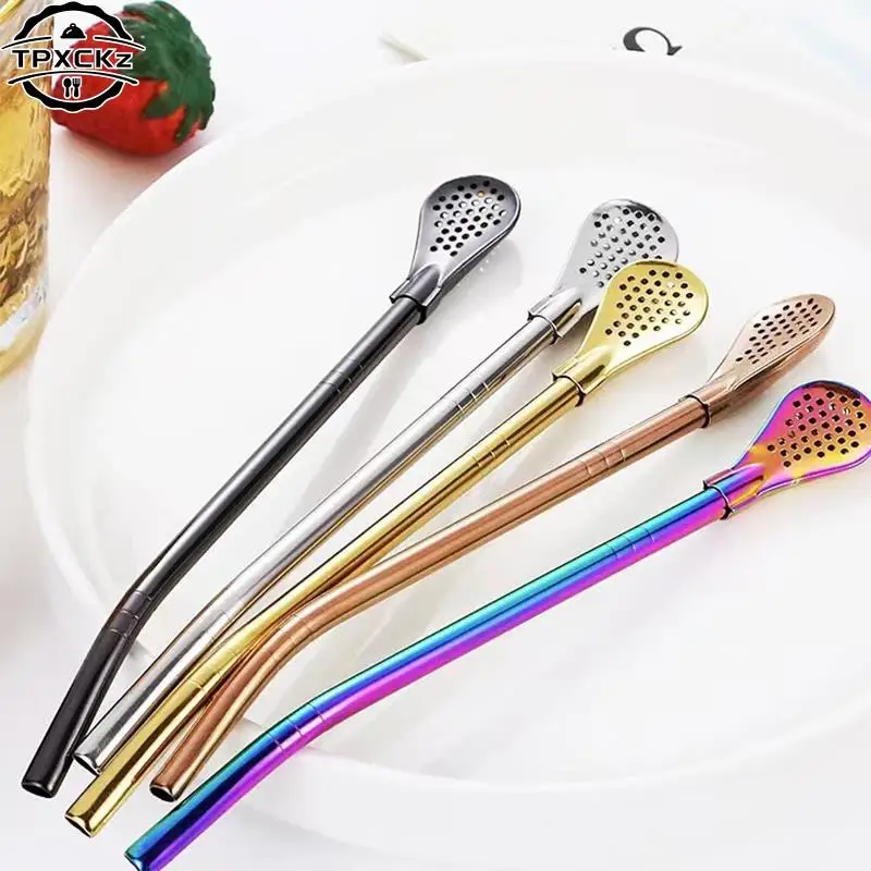 Colorful 304 Stainless Steel Tea Drinking Straws Spoon Yerba Mate Tea Filter Reusable Bombilla Gourd Tools Bar Accessories