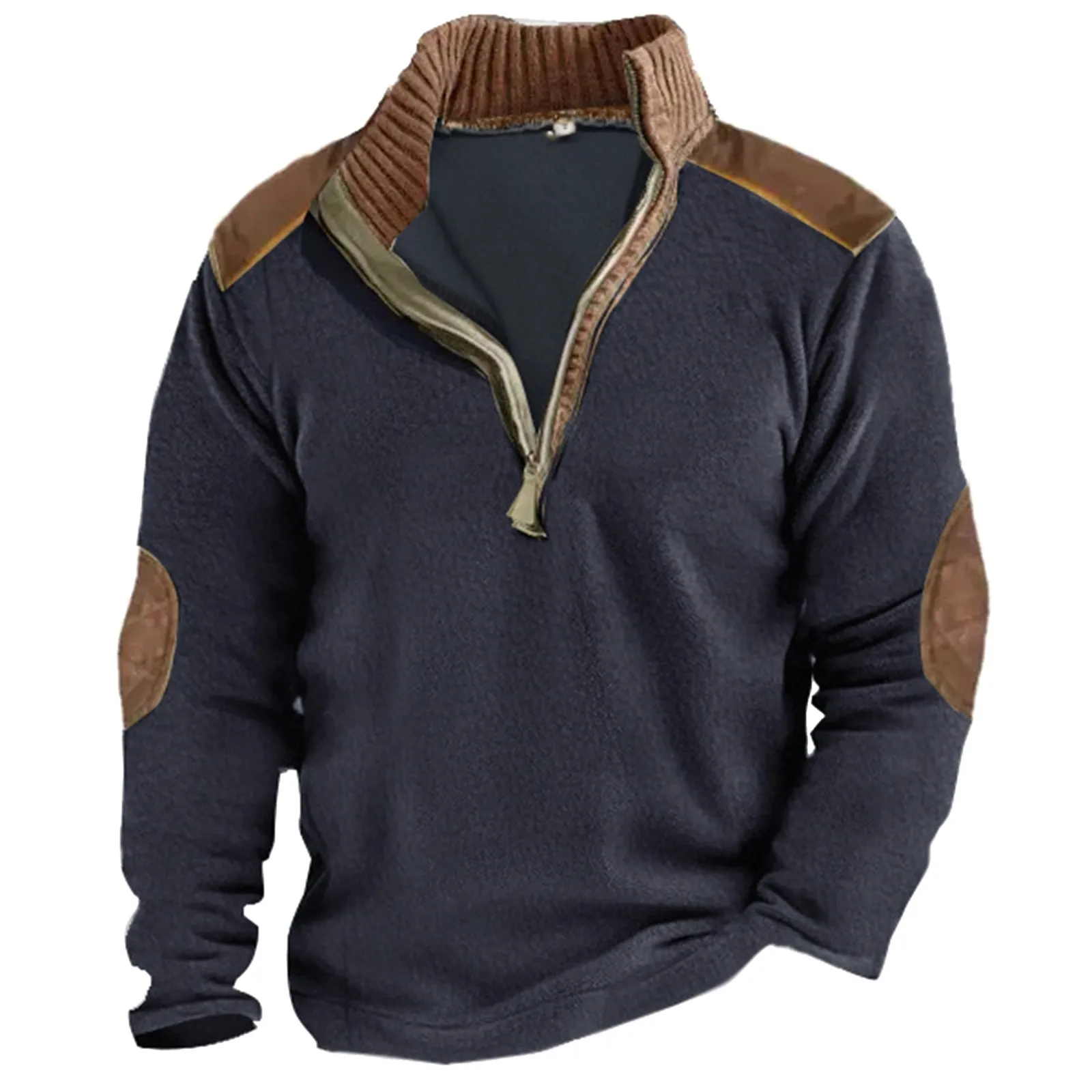 

Свитшот мужской с флисовой подкладкой, Модный свитшот с воротником-стойкой, на пуговицах в стиле пэчворк, с длинным рукавом, винтажный пуловер, свободные топы на осень