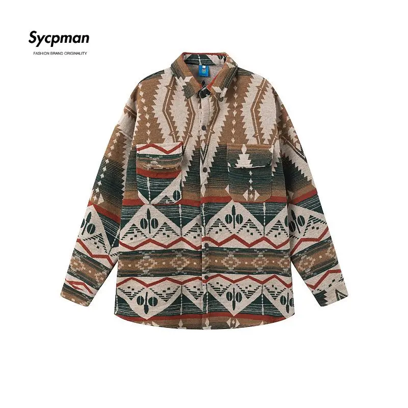 

Sycpman Retro Ethnic Style Contrast Color Long Sleeved Woolen Jacket Autumn and Winter Men Loose Casual Shirt Trend Women Coat