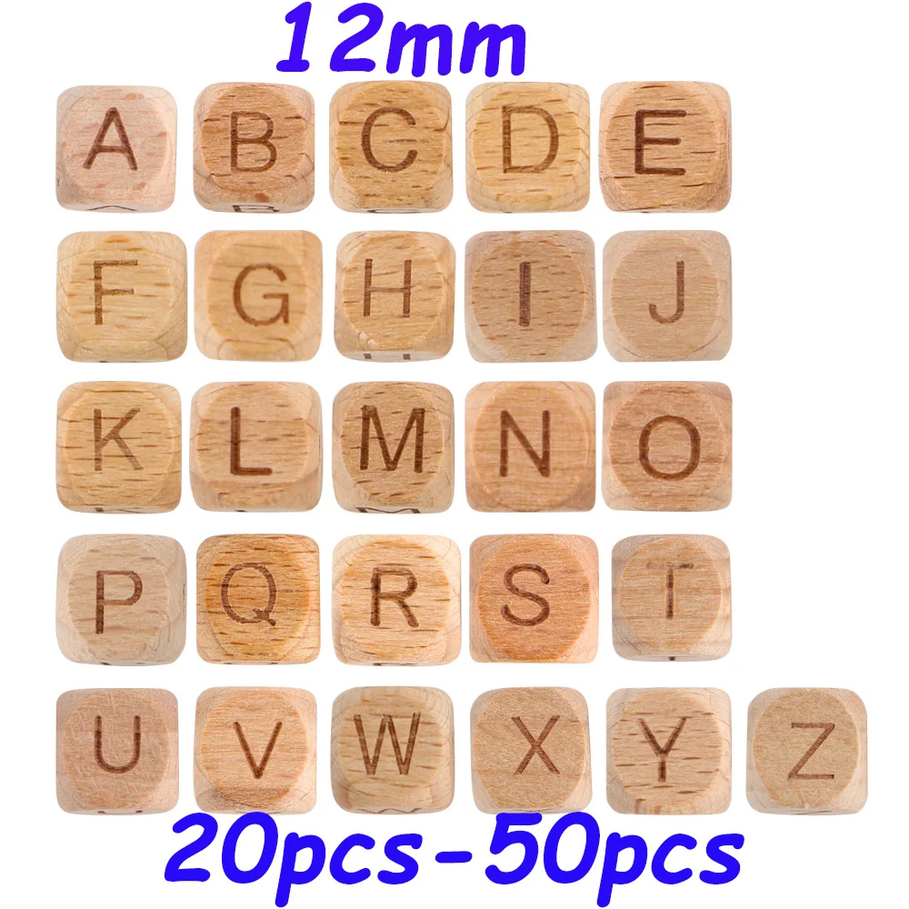 Kovict 12MM Beech Wooden Alphabet Beads 20/50Pcs Square English Letter DIY Personalised Name Pacifier Chain Accessories Baby Toy