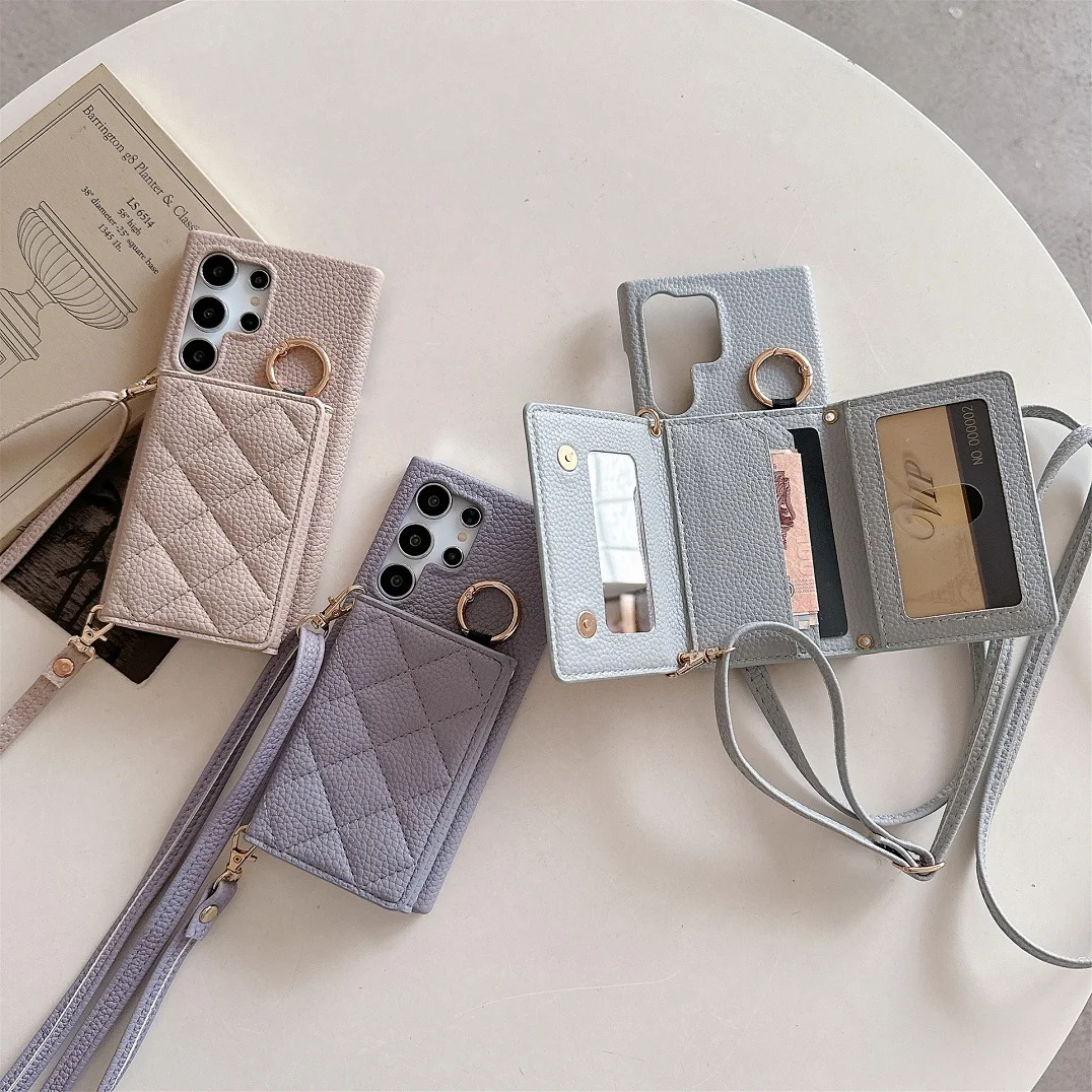 Luxury Crossbody 3D Grid Leather Card Slot Wallet Case with Mirror Makeup Cover
